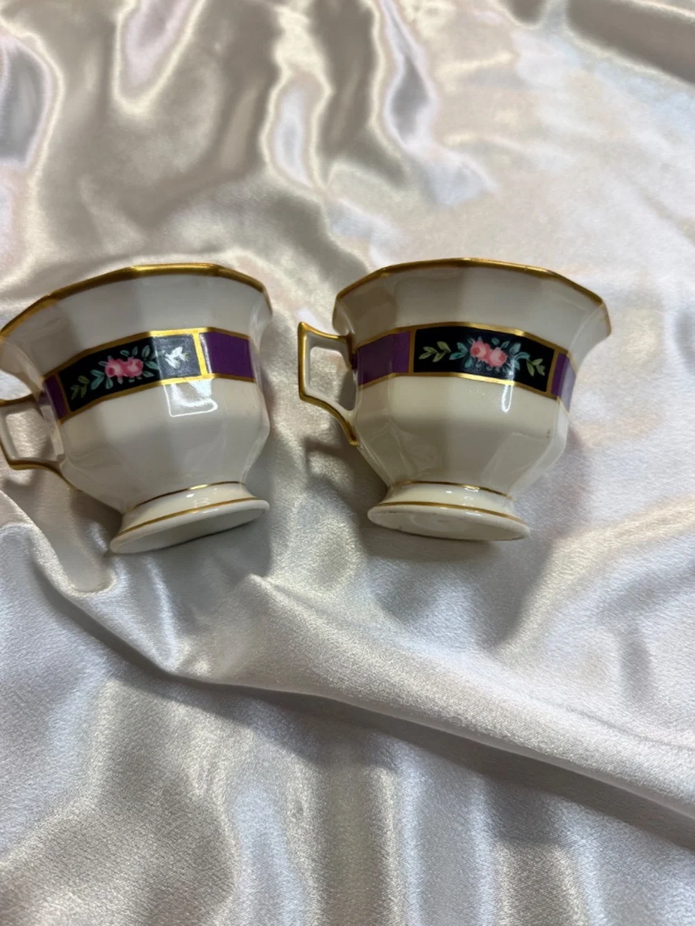 Pair Antique T&V Limoges France Porcelain Tea Cups Floral Gold Trim No Saucers